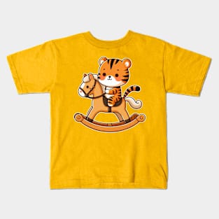 Cute tiger ride rocking horse Kids T-Shirt